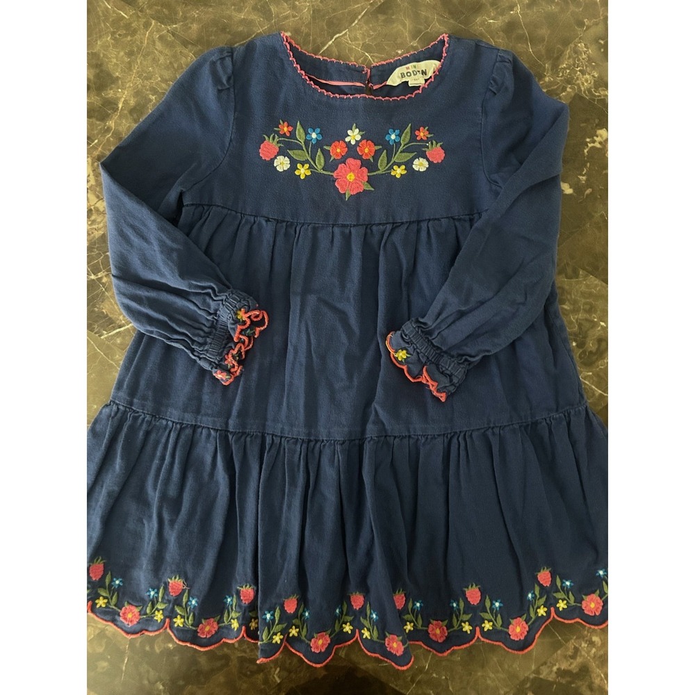 Mini Boden Girls Navy Embroidered Flower Dress Long Sleeves 5-6Y